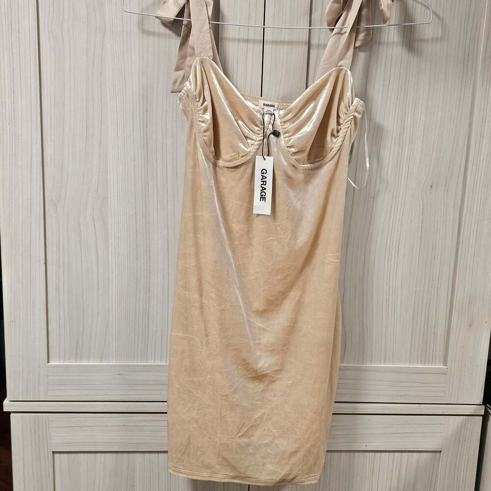 Garage Velvet Bustier Dress P/S Crystal Gray Ivory Tie Strap Bodycon NWT